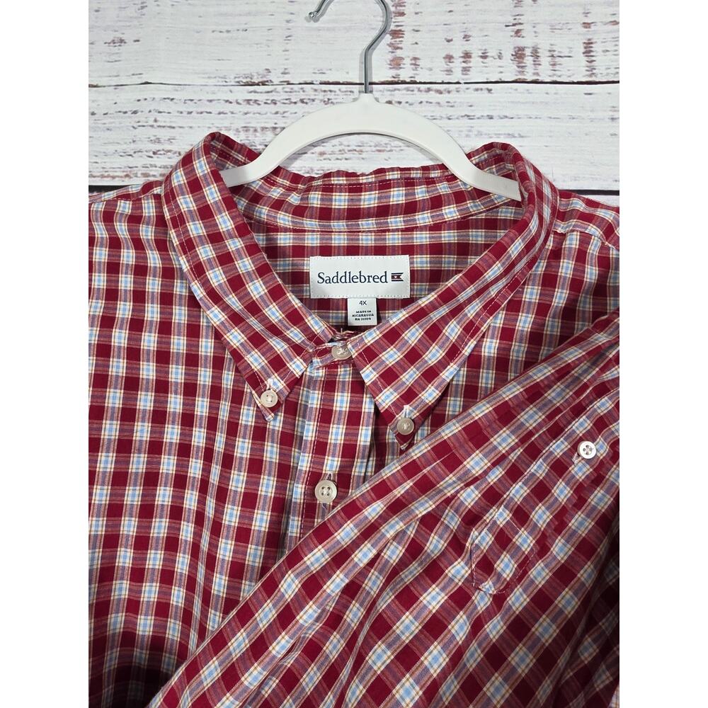 Saddlebred Men's 4XL Plaid Button-Down Dress Shirt Red Blue Long Sleeve